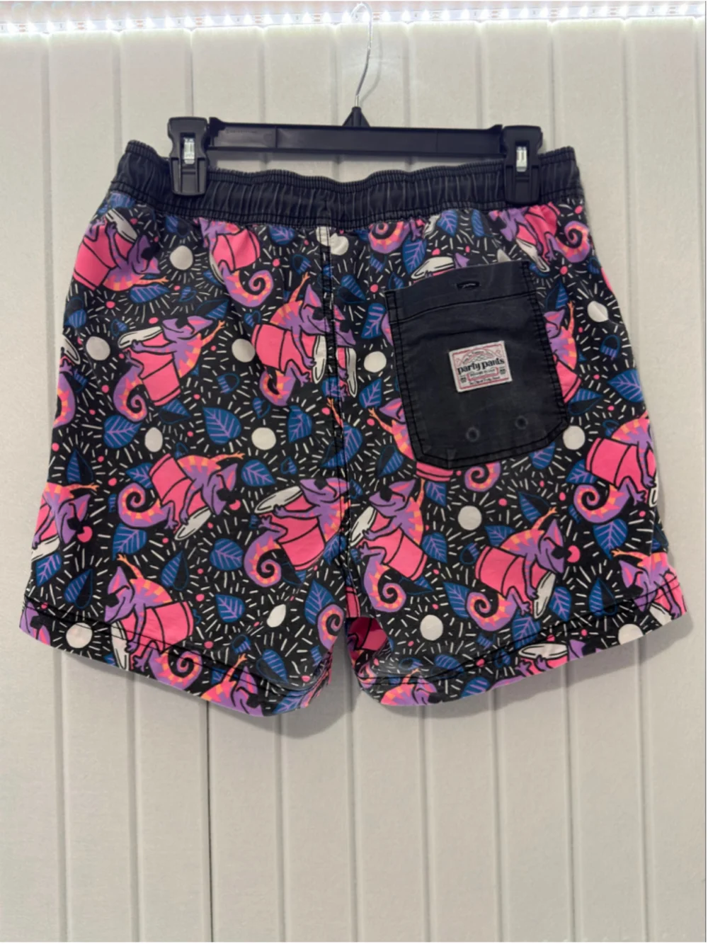 Party Pants Men’s Iguana Swim Trunks Pink Purple Beer Pong Cup Print